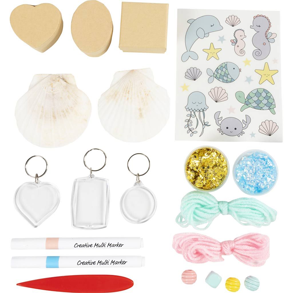 DIY Kit Dekoration – Kreativt sæt med æsker, muslingeskaller og nøgleringe