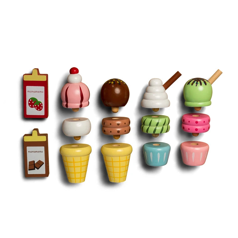 MAMAMEMO® Isbod i Træ – Legetøjs Iskiosk med Isvafler, Menu & Tilbehør