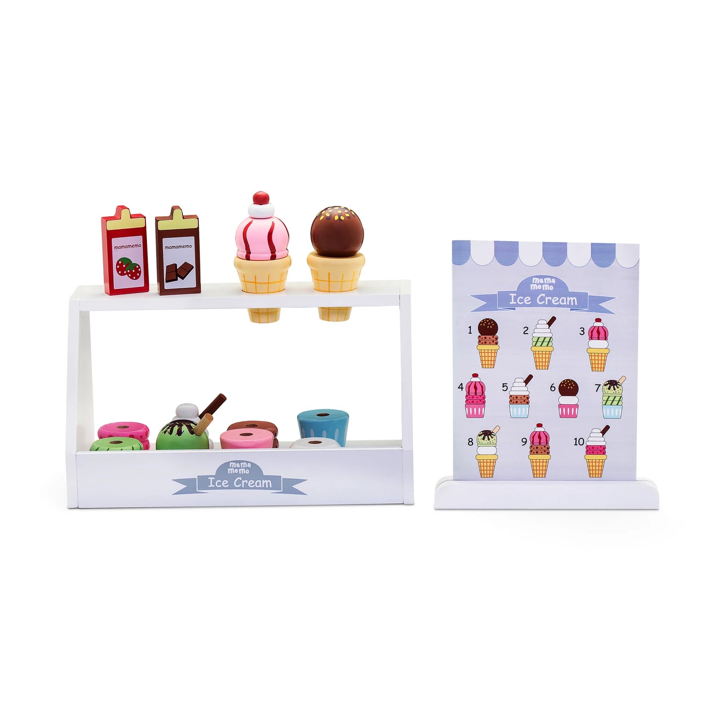 MAMAMEMO® Isbod i Træ – Legetøjs Iskiosk med Isvafler, Menu & Tilbehør