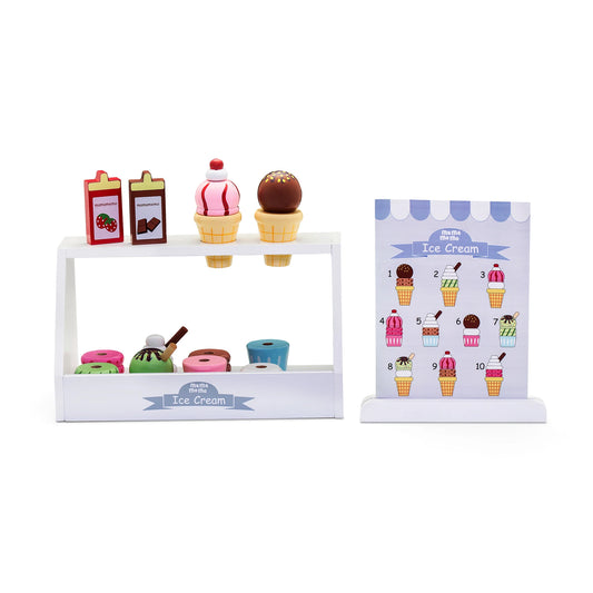 MAMAMEMO® Isbod i Træ – Legetøjs Iskiosk med Isvafler, Menu & Tilbehør