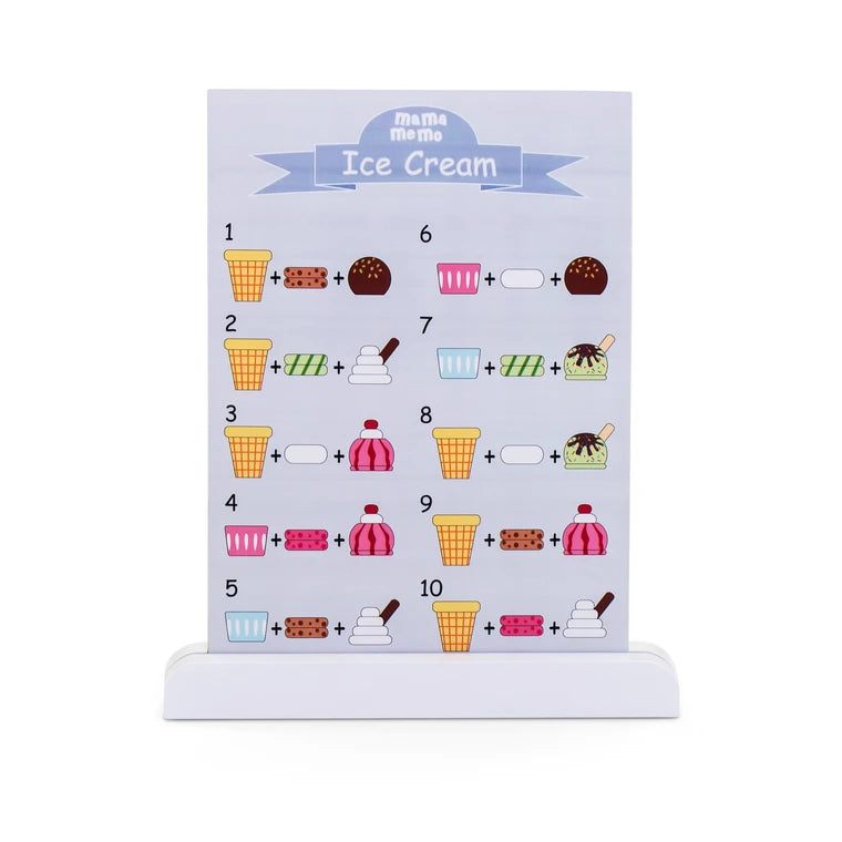 MAMAMEMO® Isbod i Træ – Legetøjs Iskiosk med Isvafler, Menu & Tilbehør