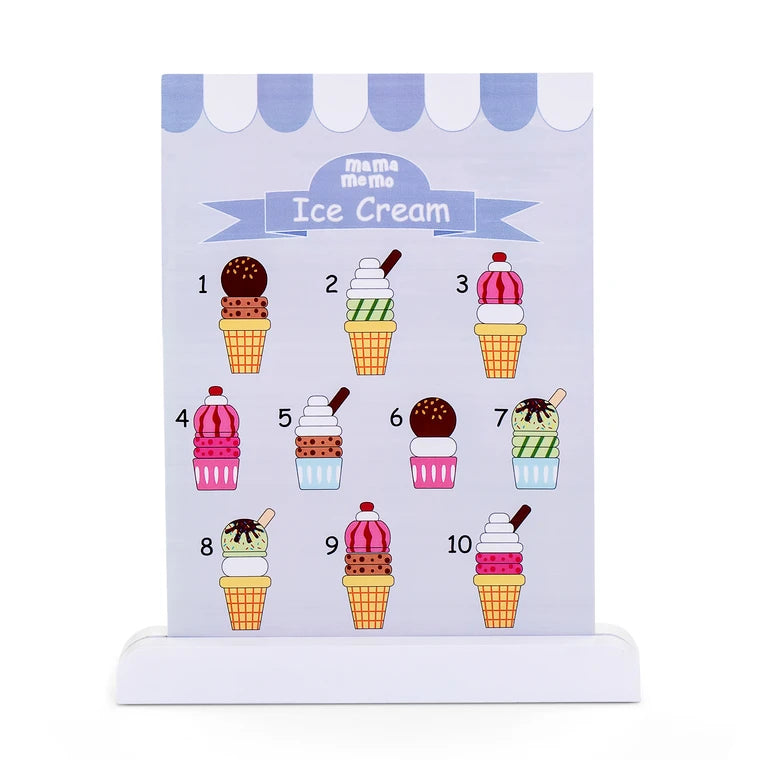 MAMAMEMO® Isbod i Træ – Legetøjs Iskiosk med Isvafler, Menu & Tilbehør