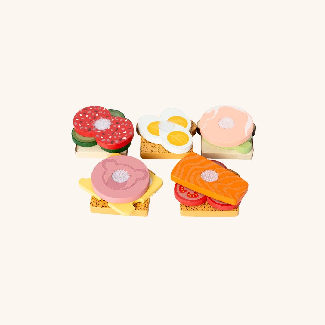 MAMAMEMO® Sandwich i træ – legemad med pålæg, brød & velcro (2+)