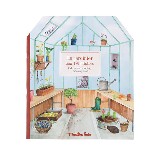 Forside på Moulin Roty malebog med 120 klistermærker – Gartner, med illustration af et drivhus