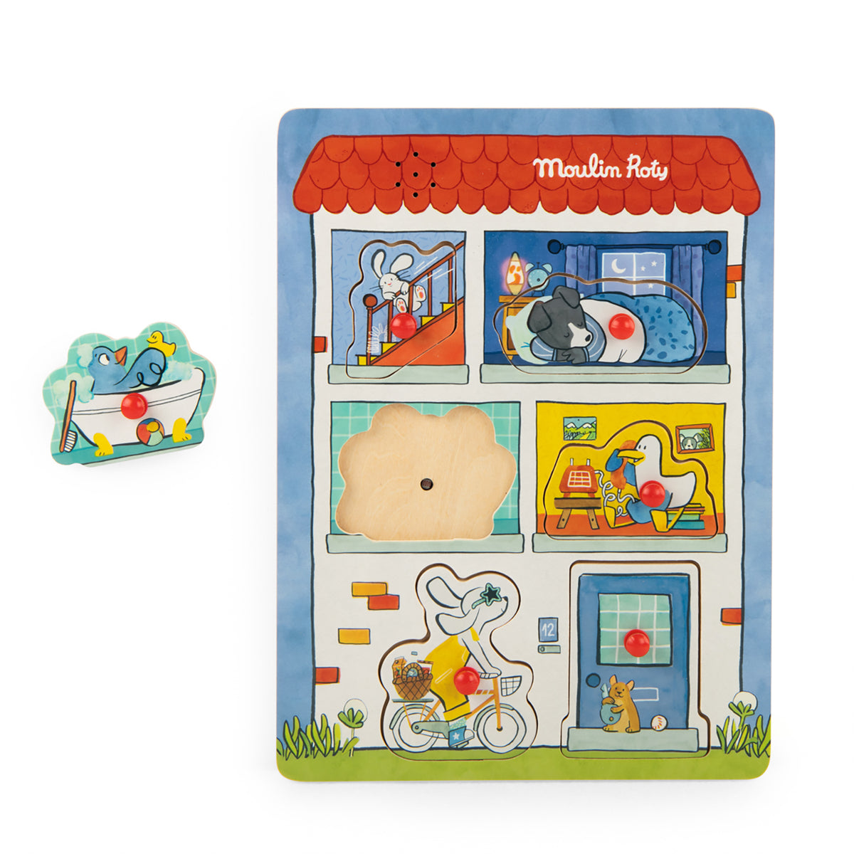 Moulin Roty - Puce & Pilou Knoppuslespil med lyd – 6 brikker