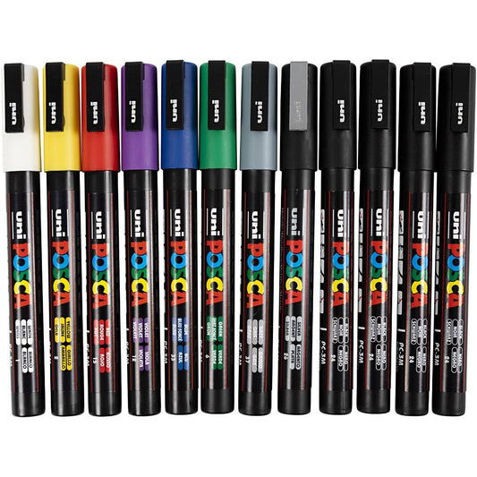 Posca Tusch – 12 stk. PC-3M, fine 0,9–1,3 mm, assorterede farver