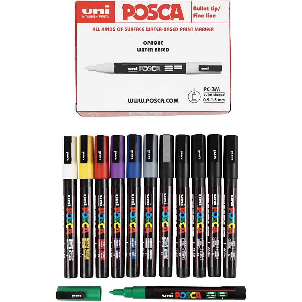 Posca Tusch – 12 stk. PC-3M, fine 0,9–1,3 mm, assorterede farver